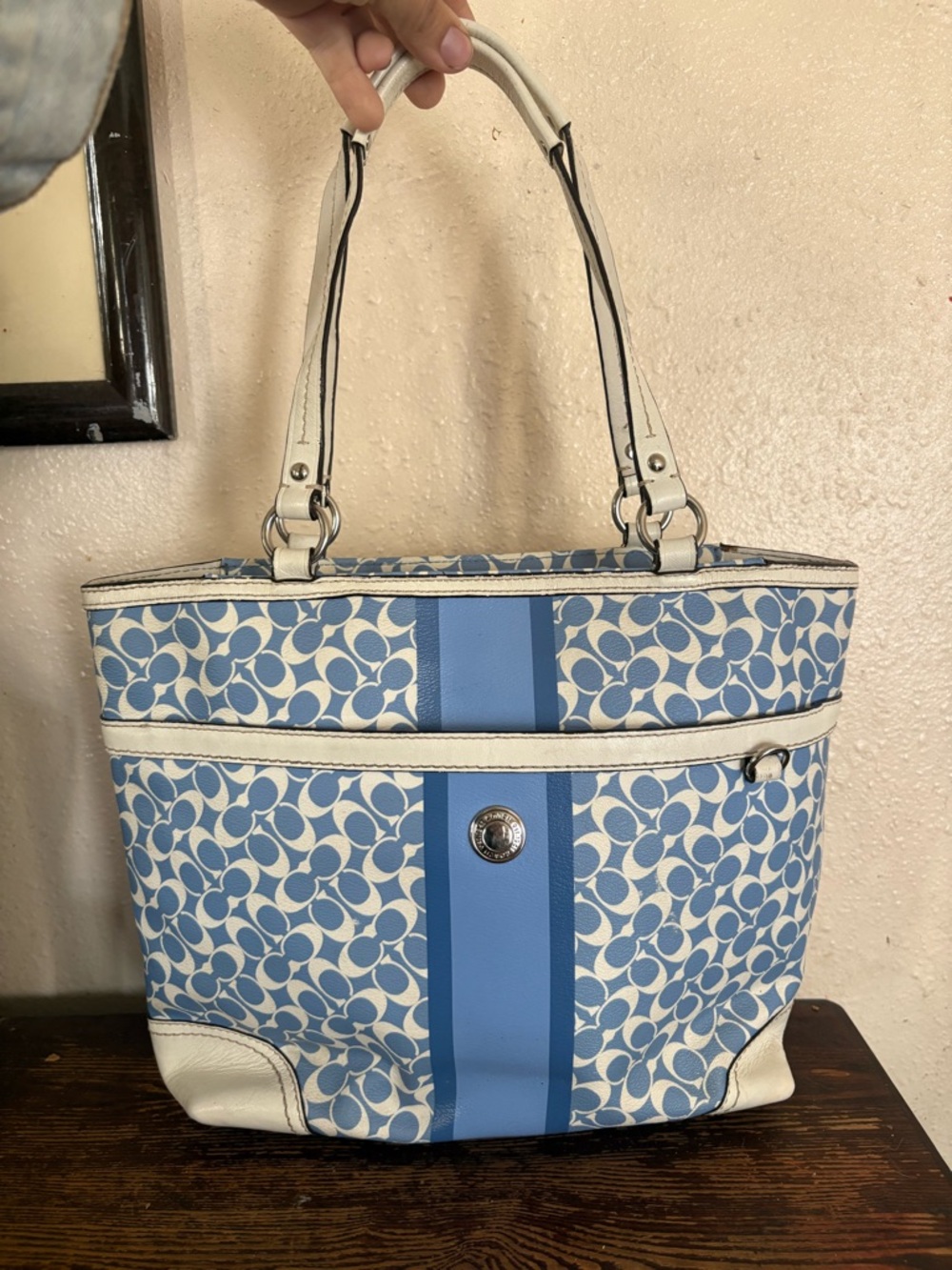 COACH Chelsea Heritage Signature Tote White & Blue Leather Silver  #F15137